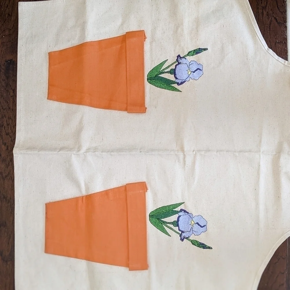 Embroidered irises in planter pockets apron OOAK